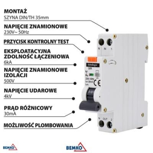 WYŁĄCZNIK RÓŻNICOWOPRĄDOWY Z ZABEZPIECZENIEM NADPRĄDOWYM RCBO 1P B 16A 30mA TYP A SCHELINGER